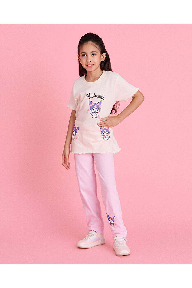 Girls Cream Printed Tee And Pants 2 Piece Set