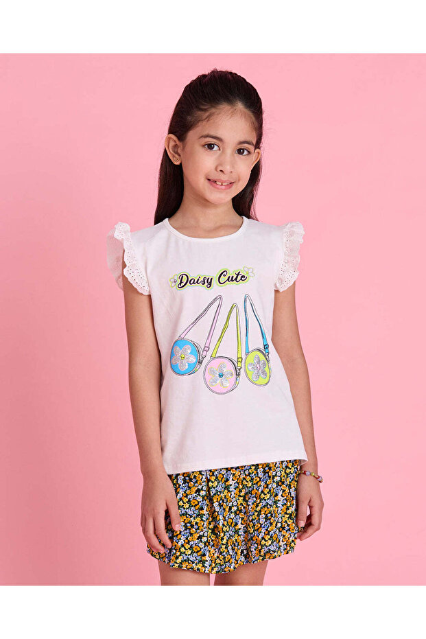 Girls White Printed T Shirt