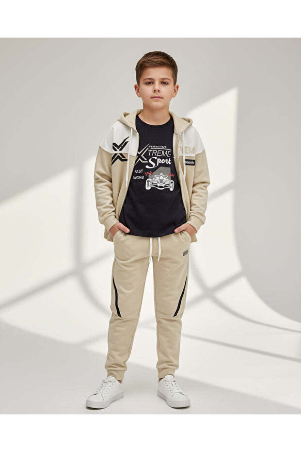 Boys Beige Printed 3 Piece Sweatshirt Set