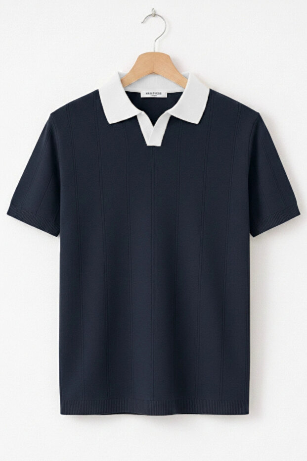 Men's Yaka Patterned Knitwear T-Shirt Navy Blue Cd165