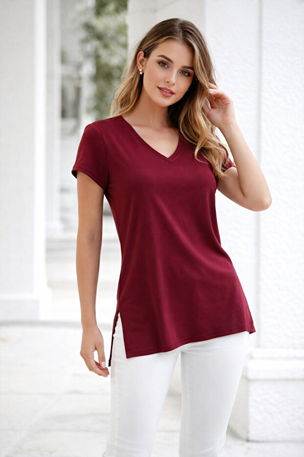 Women's Burgundy Viscose Side Deep Slit V-Neck T-Shirt