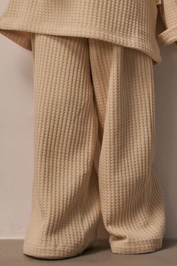 Beige Waffle Fabric Casual Trousers