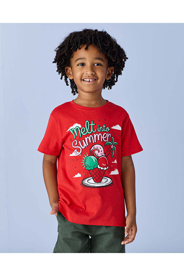 Boys Red Printed T-Shirt