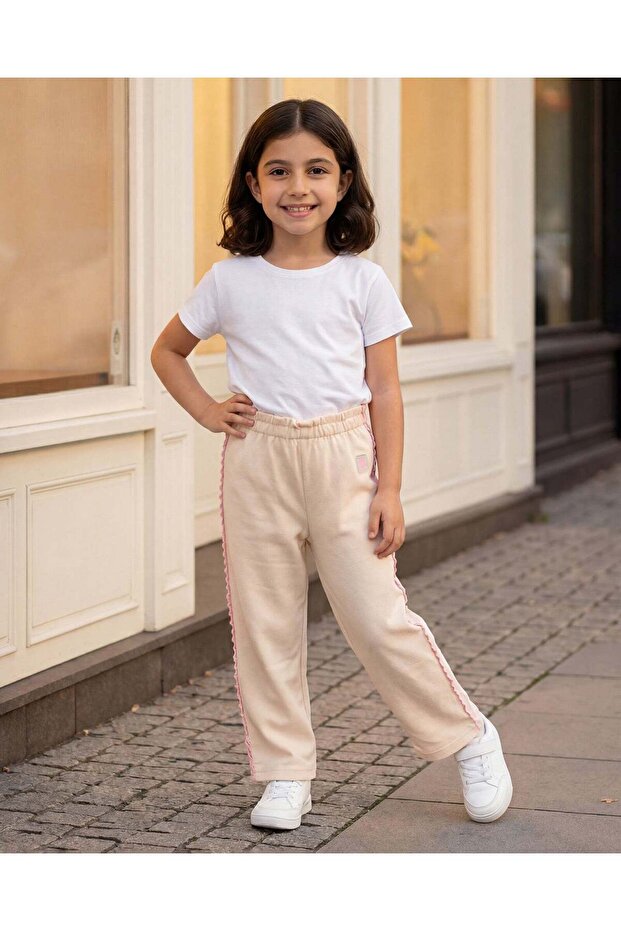 Girls Cream Solid Wide Leg Pants