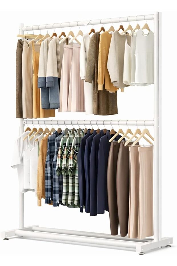 Heavy Duty Double Rod Clothes Rack 123cm – Double Level Garment Rack with Bottom Shelf