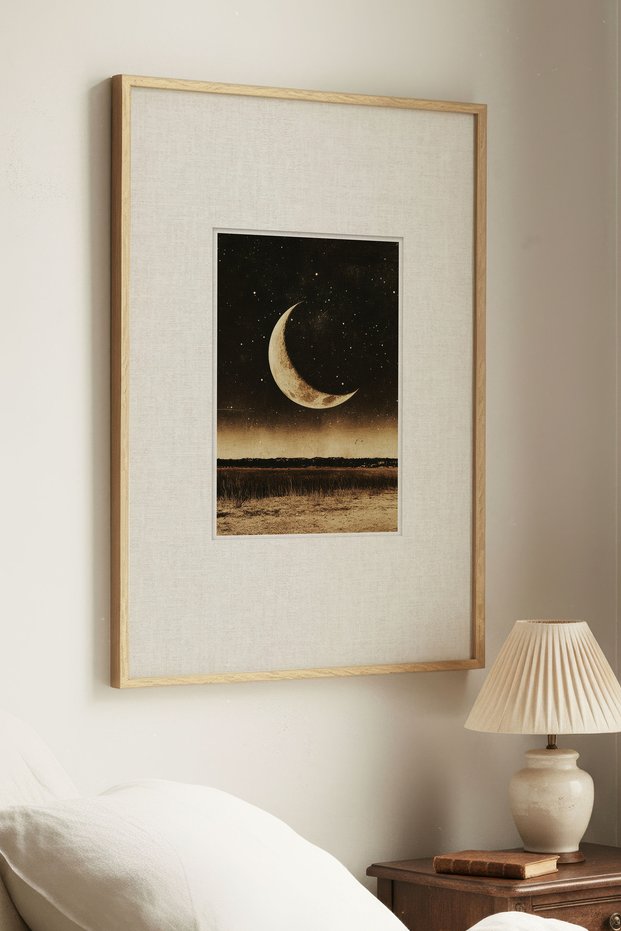 1 Piece Natural Wooden Framed Crooked Moon Night Vintage Painting