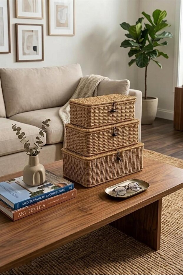 3-Piece Molino Rattan Covered Basket Storage Box 1649 - Wicker Multi-Purpose Organizer