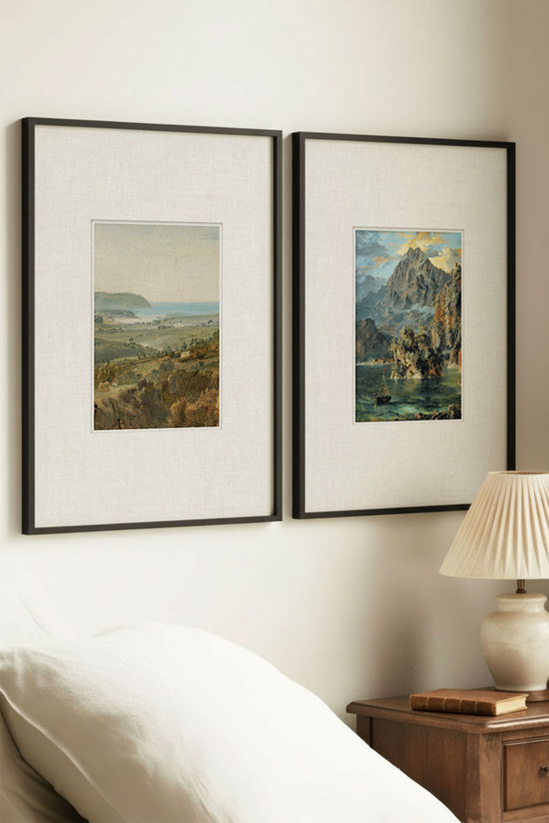 2 Pieces of Vintage Paintings with Black Wooden Frames, Nature and Mountain Themes
