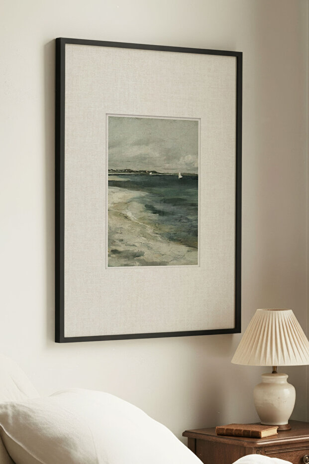 1 Piece Black Wooden Framed Vintage Painting of a Sea and Coastal Scene