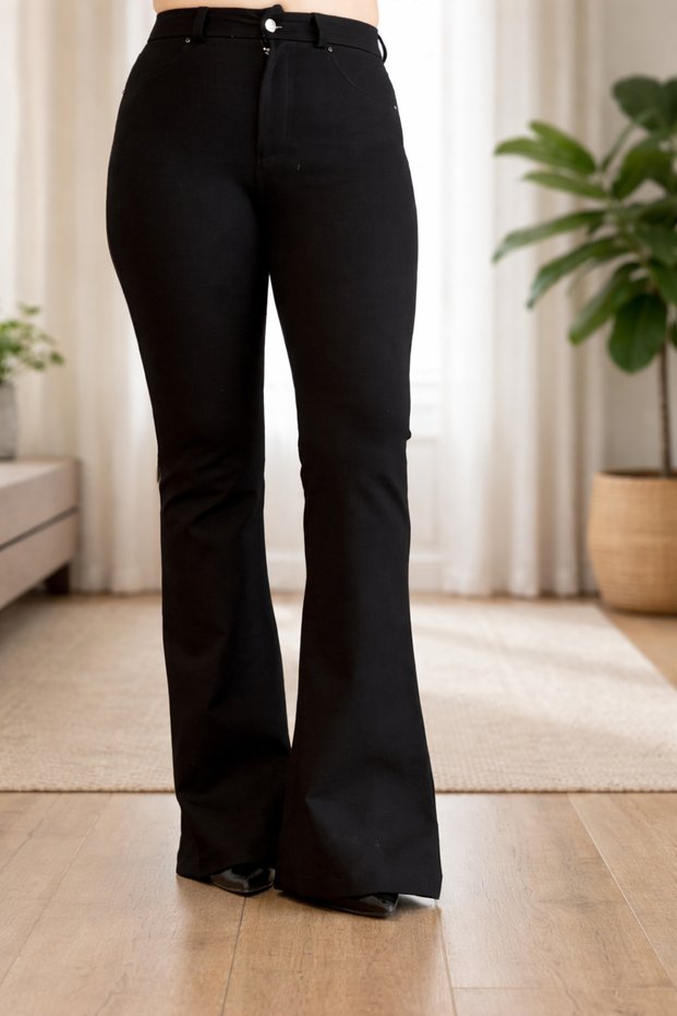 Women's Black High Waist Length Stretch Fabric Shaping / Sculpting Steel Knitted Flared Pants Premium Series