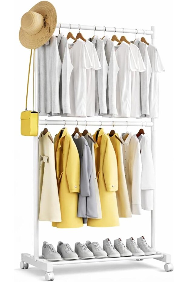Double Rail Clothing Rack with Wheels 180cm, Convertible Dual Layer Garment Rack