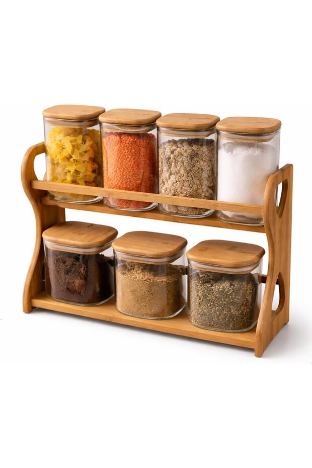 7-Piece Airtight Borosilicate Glass Storage Jar Set with 2-Tier Bamboo Rack Organizer