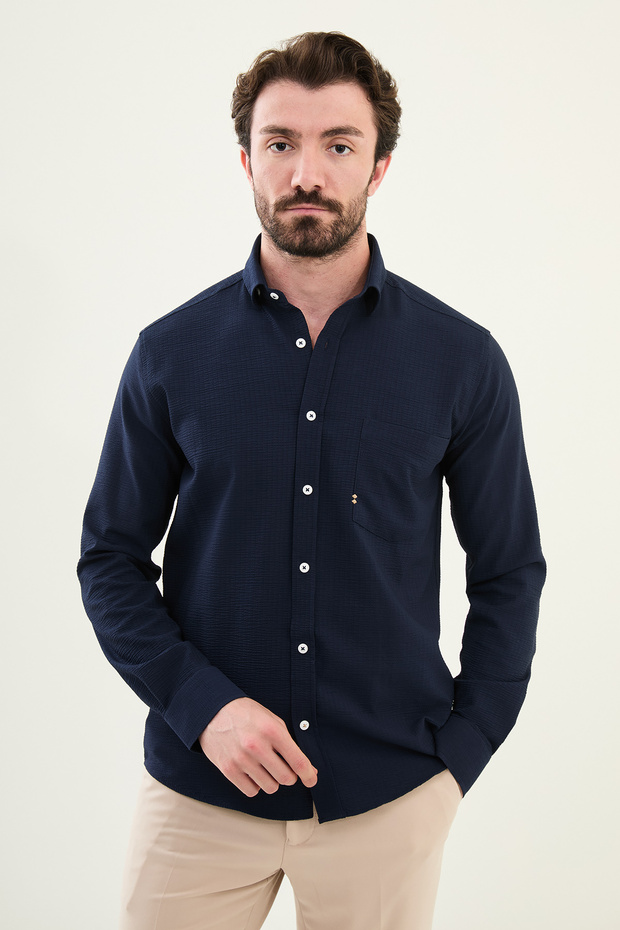 Patterned Slim Fit Pocket Detail Long Sleeve Men's Shirt Navy Blue - 27080.25Y