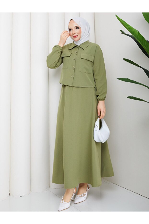 Asel Dual Pocket and Double Cover Button Detail Skirt Suit