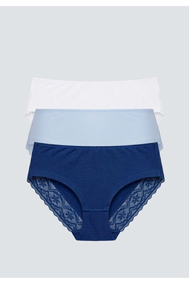 Women's Triple Cotton and Lace Hipster Panties 4377 Cobalt Blue-Light Blue-White Color