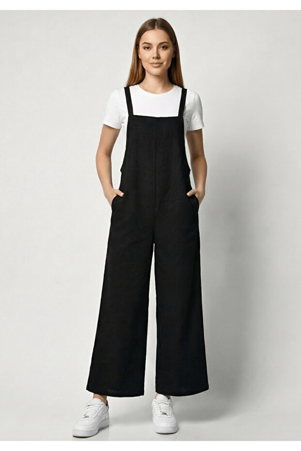 Women's Linen Mixed Straps Pocketed Back Tie-Detail Comfortable Cut Jumpsuit