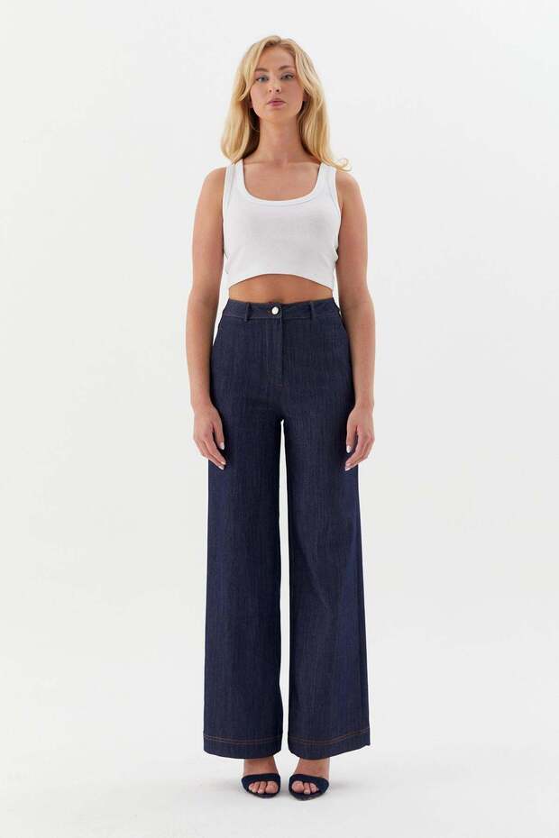 Indigo slim trousers with tan stitching