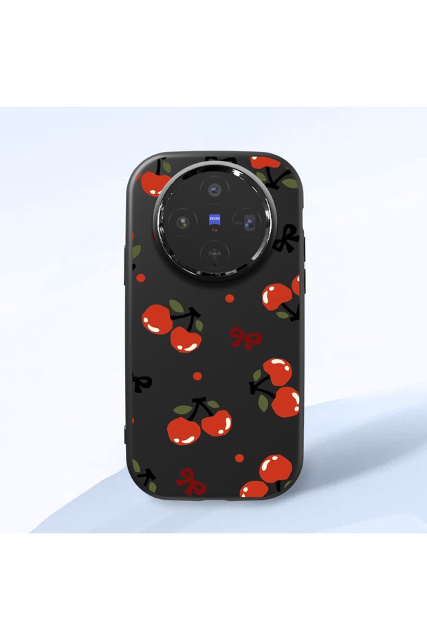 Vivo X300 Compatible Camera Protected Black Soft Silicone Phone Case Cherry Patterned