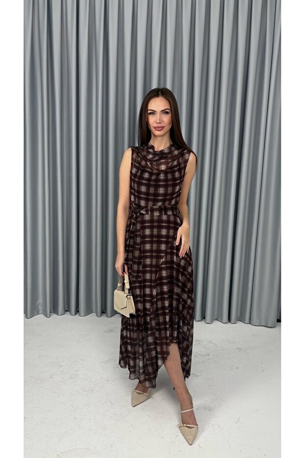 Plaid Pattern Asymmetrical Cut Coffee Chiffon Tulle Dress