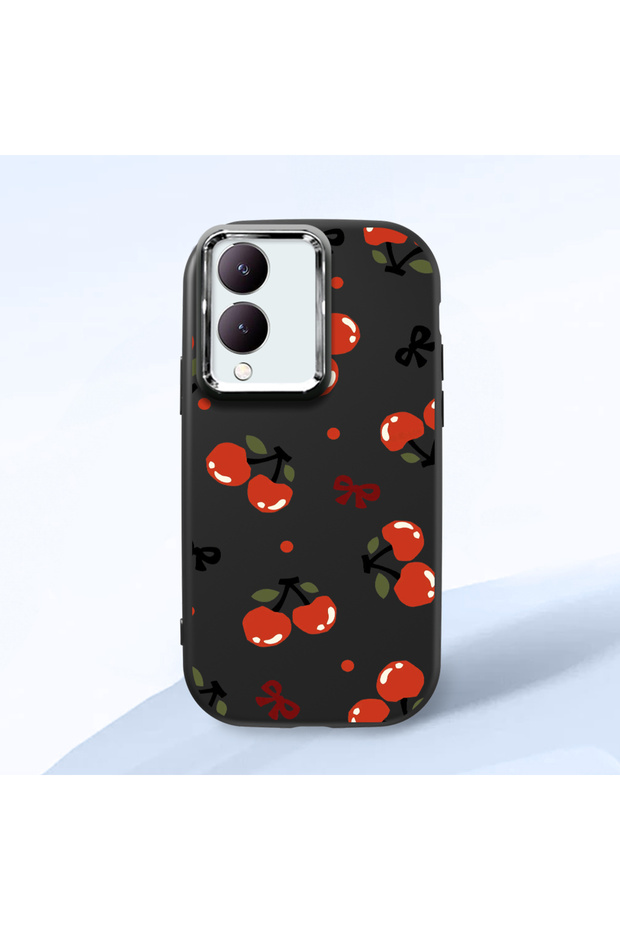 حافظة هاتف من السيليكون الناعم باللون الأسود متوافقة مع كاميرا Vivo Y28 vişne منقوش