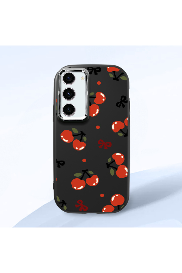 Samsung Galaxy S23 Compatible Camera Protected Black Soft Silicone Phone Case Vişne Patterned