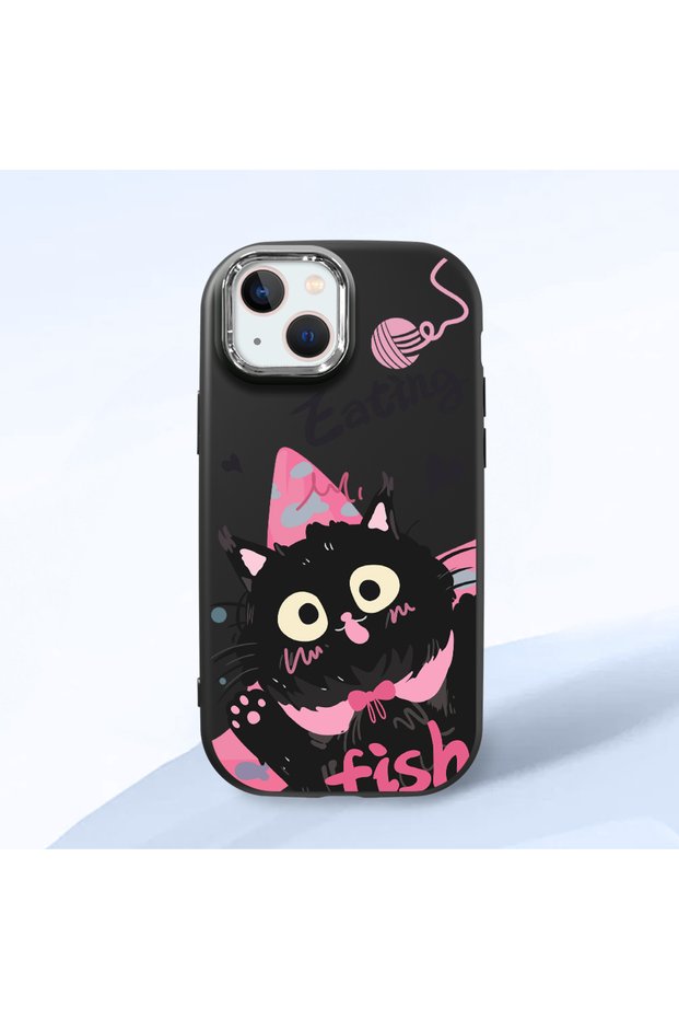 iPhone 13 Compatible Camera Protected Black Soft Silicone Phone Case Cat Patterned
