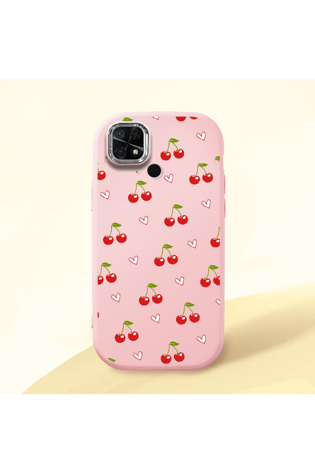 Redmi 10C Compatible Camera Protected Pink Soft Silicone Phone Case Cherry Patterned