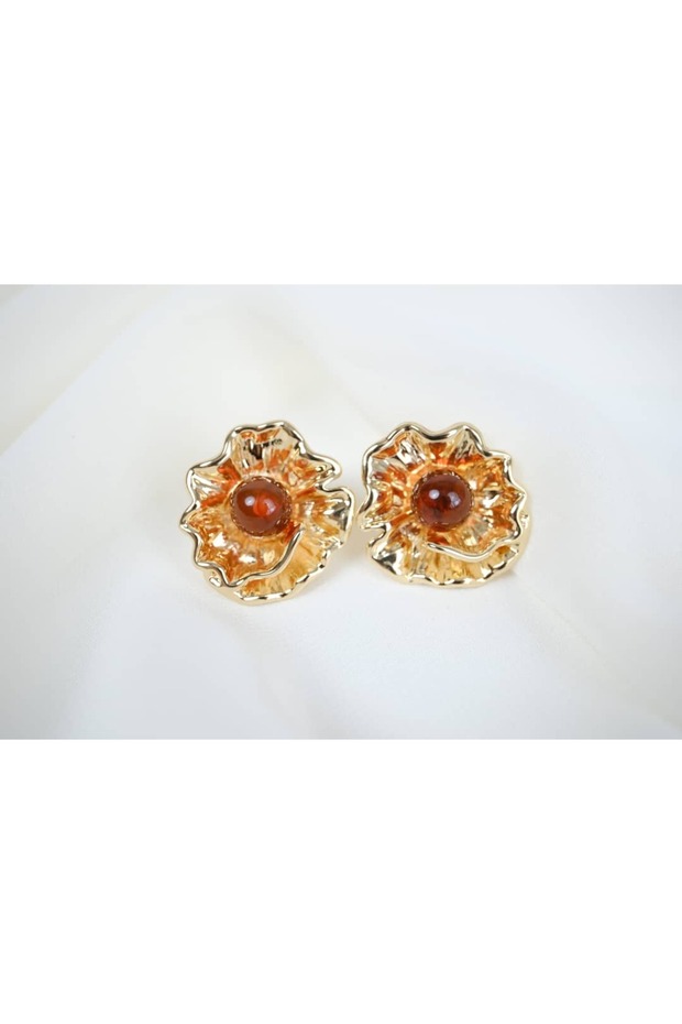 Bkp092 Gold Color Flower-Shaped Earrings with Brown Stone (Diameter 22 mm)