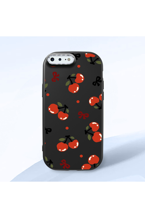 iPhone 8 Plus Compatible Camera Protected Black Soft Silicone Phone Case Vişne Patterned