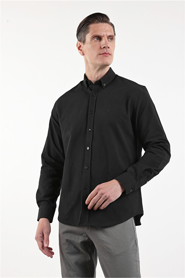 Black Oxford Buttoned Collar Long Sleeve Pocketless Slim Fit Cotton Pack Shirt 1004260182