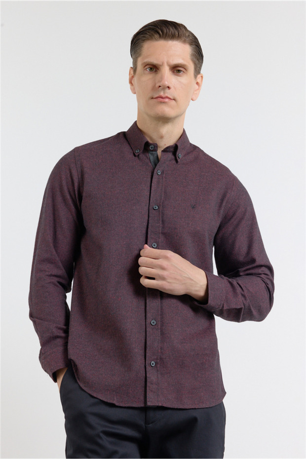 Burgundy-Black Buttoned Collar Long Sleeve Pocketless Slim Fit Cotton Shirt 1004255233