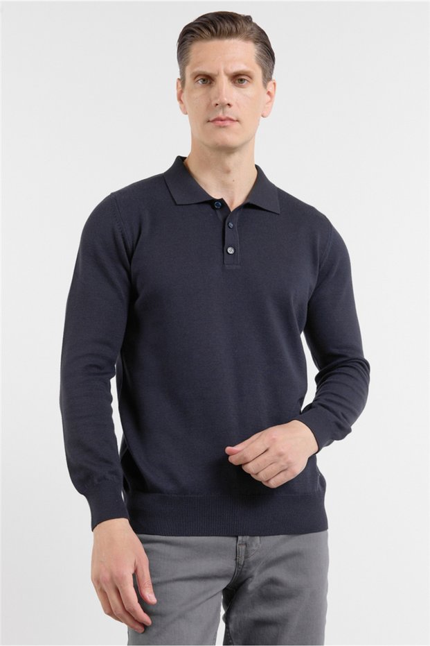 Navy Blue Polo Collar Pocketless Comfort Fit Classic Knitwear Sweater 1012255255