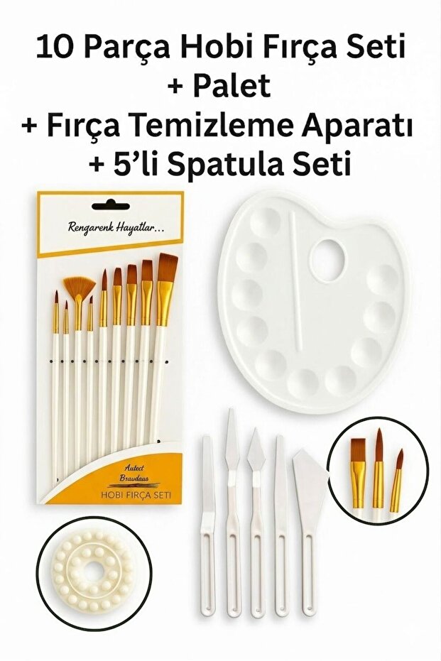 17-Piece Professional Hobby Art Set - 10-Piece Brush Set + Palette + 5-Piece Spatulas + Brush Cleaner