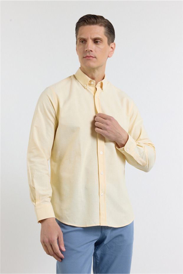 Yellow Oxford Buttoned Collar Long Sleeve Pocketless Slim Fit Cotton Pcs Shirt 1004260182