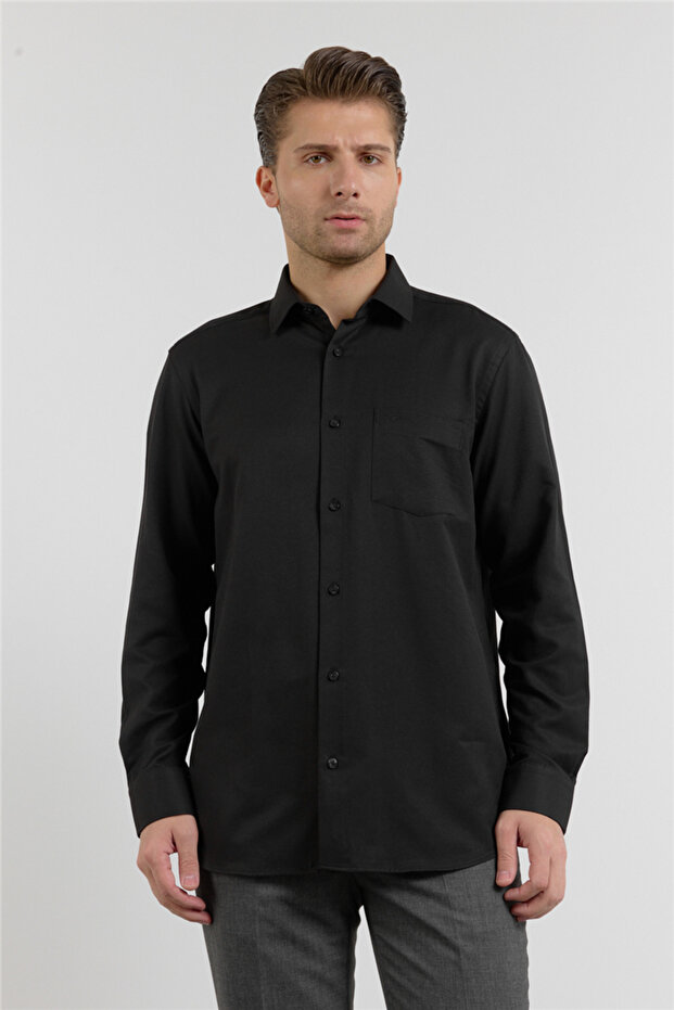 Black Hard Collar Long Sleeve Pocketed Comfort Fit Cotton Pack Shirts 1004255285