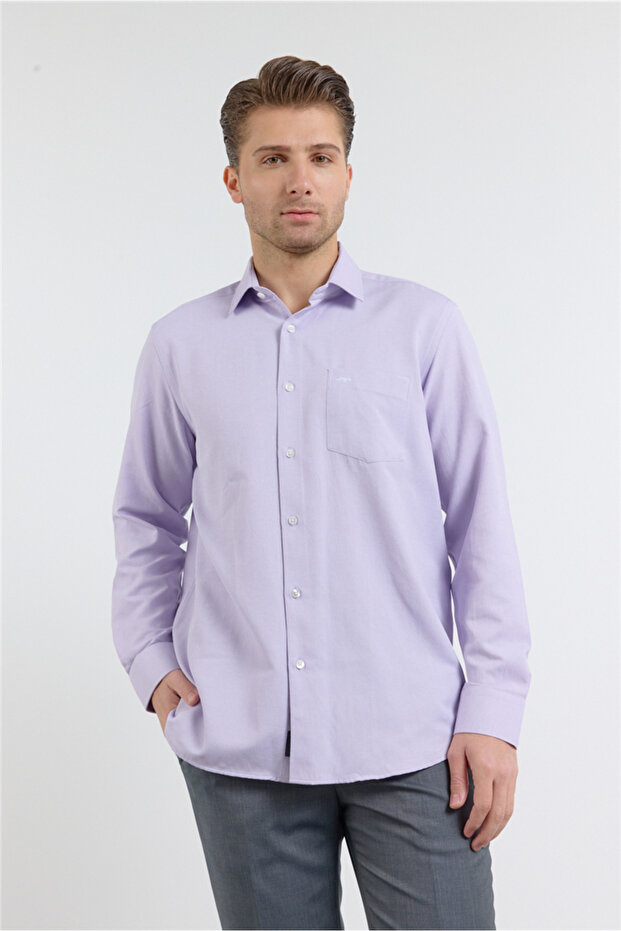 Purple Hard Collar Long Sleeve Pocketed Comfort Fit Cotton Shirt 1004255285