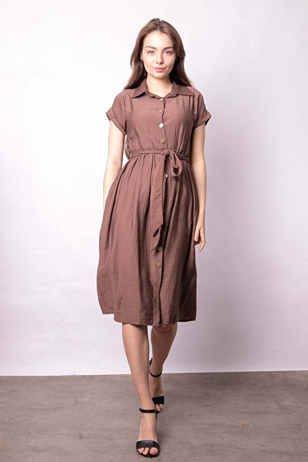 Women's Drop-Shoulder Waist Ruched Pocketed Belt Li Midi Length Below Knee Dress-Brown