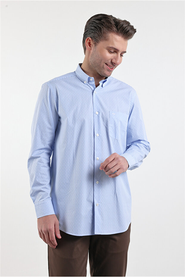White-Blue Buttoned Collar Long Sleeve Pocket Comfort Fit 100% Cotton Shirt 1004260175