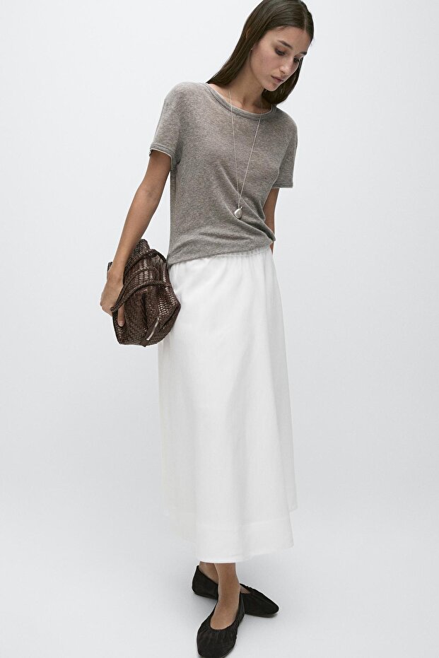 Elastik detaylı dökümlü midi etek - 3