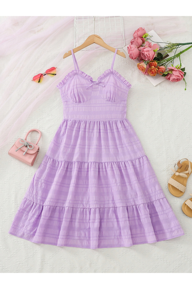 Girls Purple Textured Strappy Tiered Dress