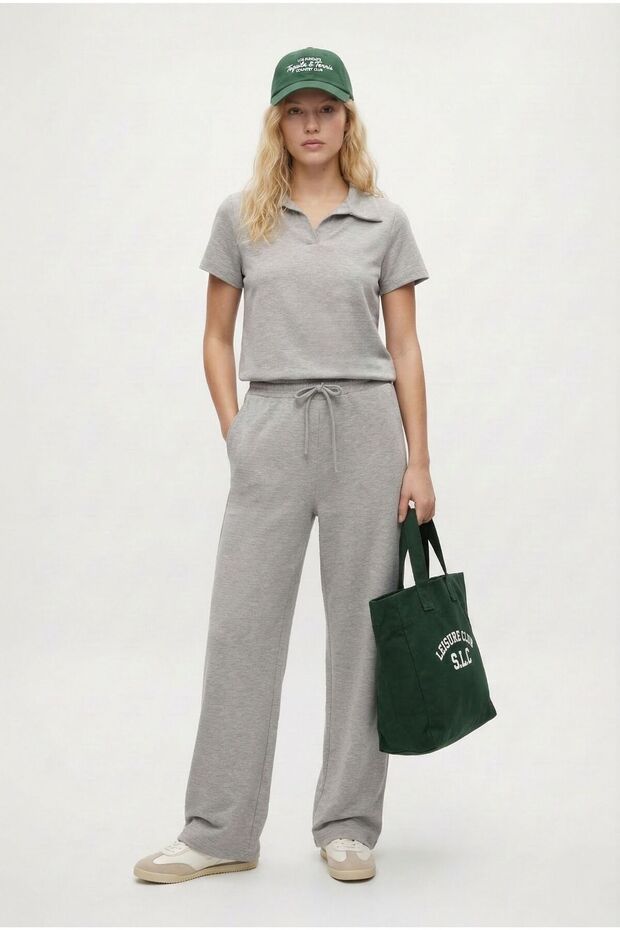 Women's Nadia Modal Touch Polo Neck Waist Elastic Pocketed Gray Melange Bottom Top Set