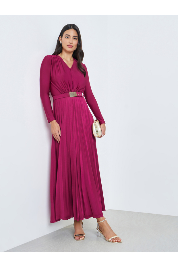 Magenta Satin Pleated A-Line Maxi Dress