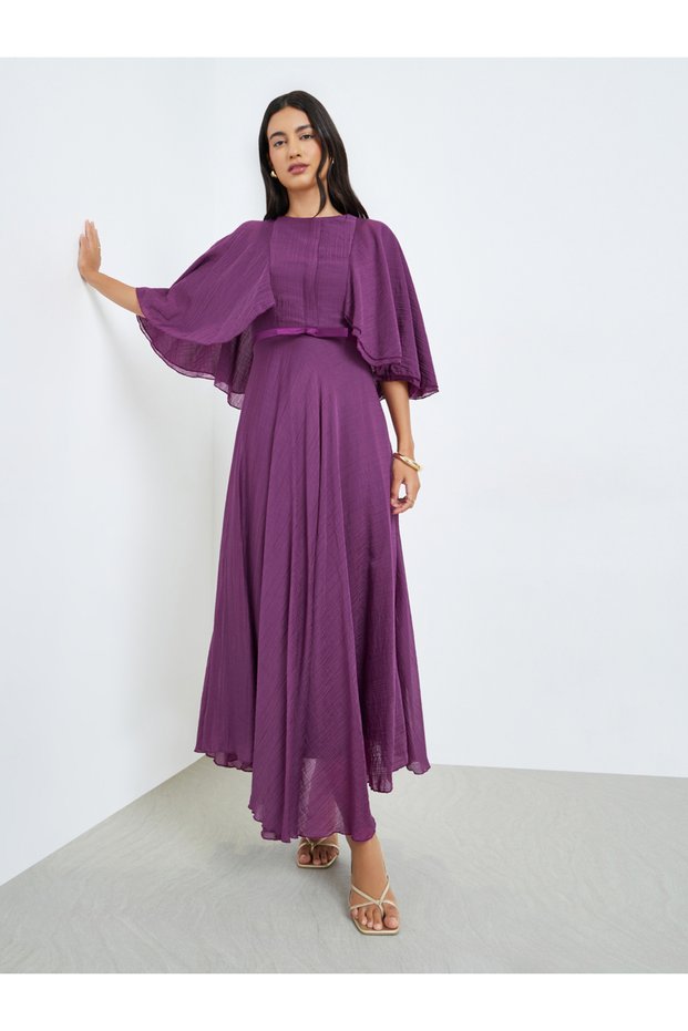 Purple Cape Sleeve A-Line Maxi Dress