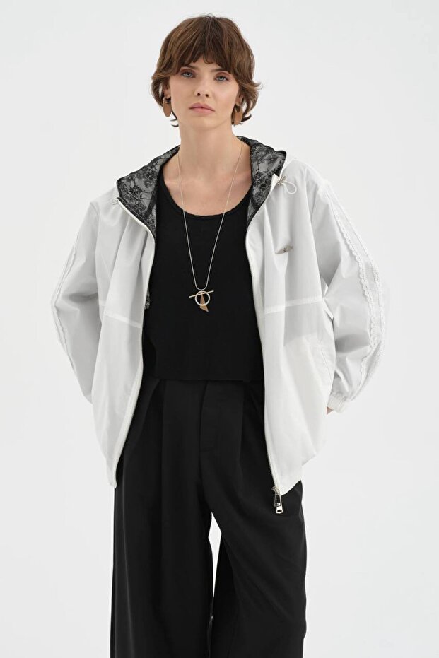 Women's Inside D Lace Detailed Hooded Design Raincoat Jacket