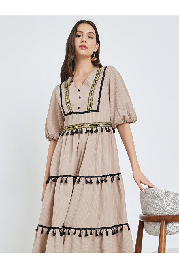 Beige Tassel Trim V Neck Midi Dress