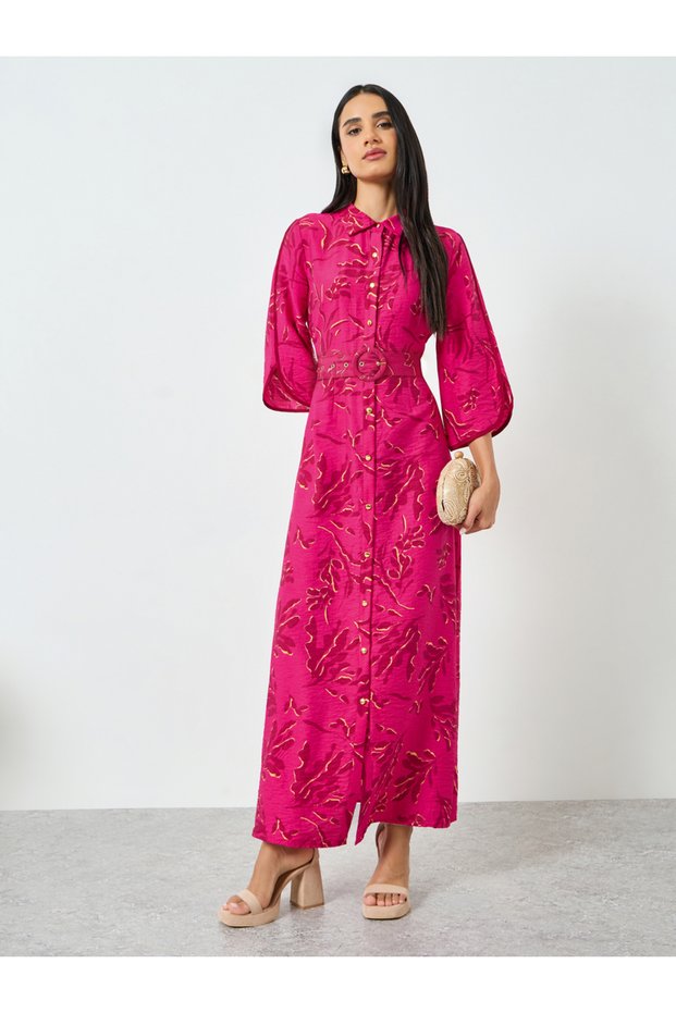 Pink Floral Shirt Maxi Dress with Belt