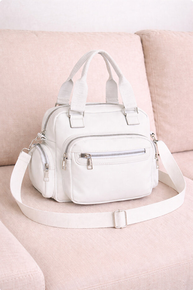 Women's White Satin Shiny Waterproof Multi-Compartment Hand & Shoulder Bag — Daily Mini Crossbody Bag with Column Strap