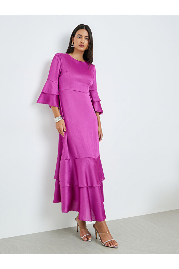 Purple Flute Sleeves A-Line Maxi Dress