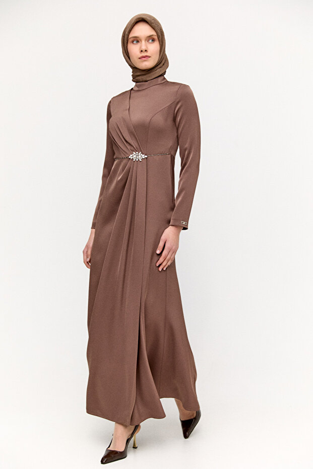 Drapeli Taşlı Saten Elbise - 3