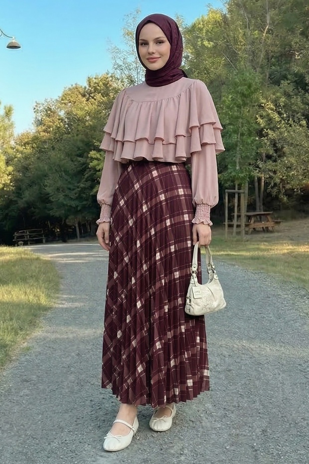 Pleated Plaid Burgundy Skirt